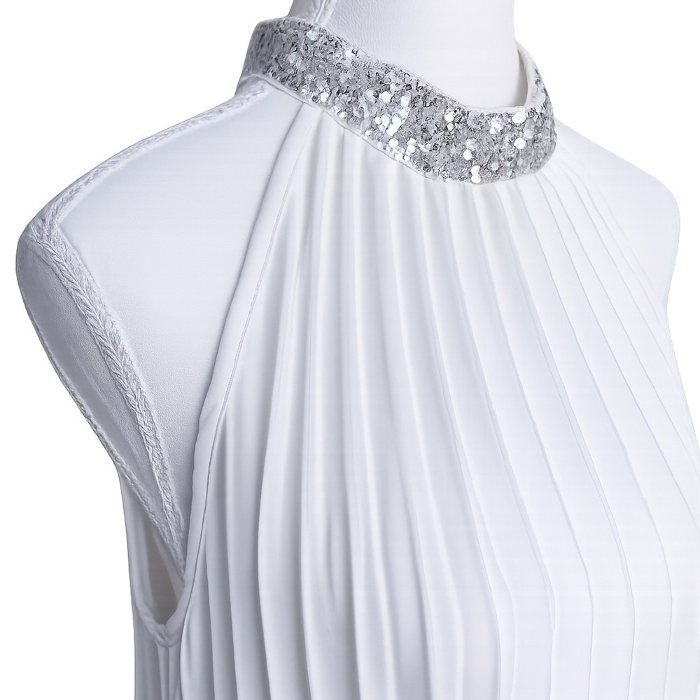 White Pleated Halter Swing Dress with Sequin Collar  | Elegant and Flowy - Picture 4 of 8